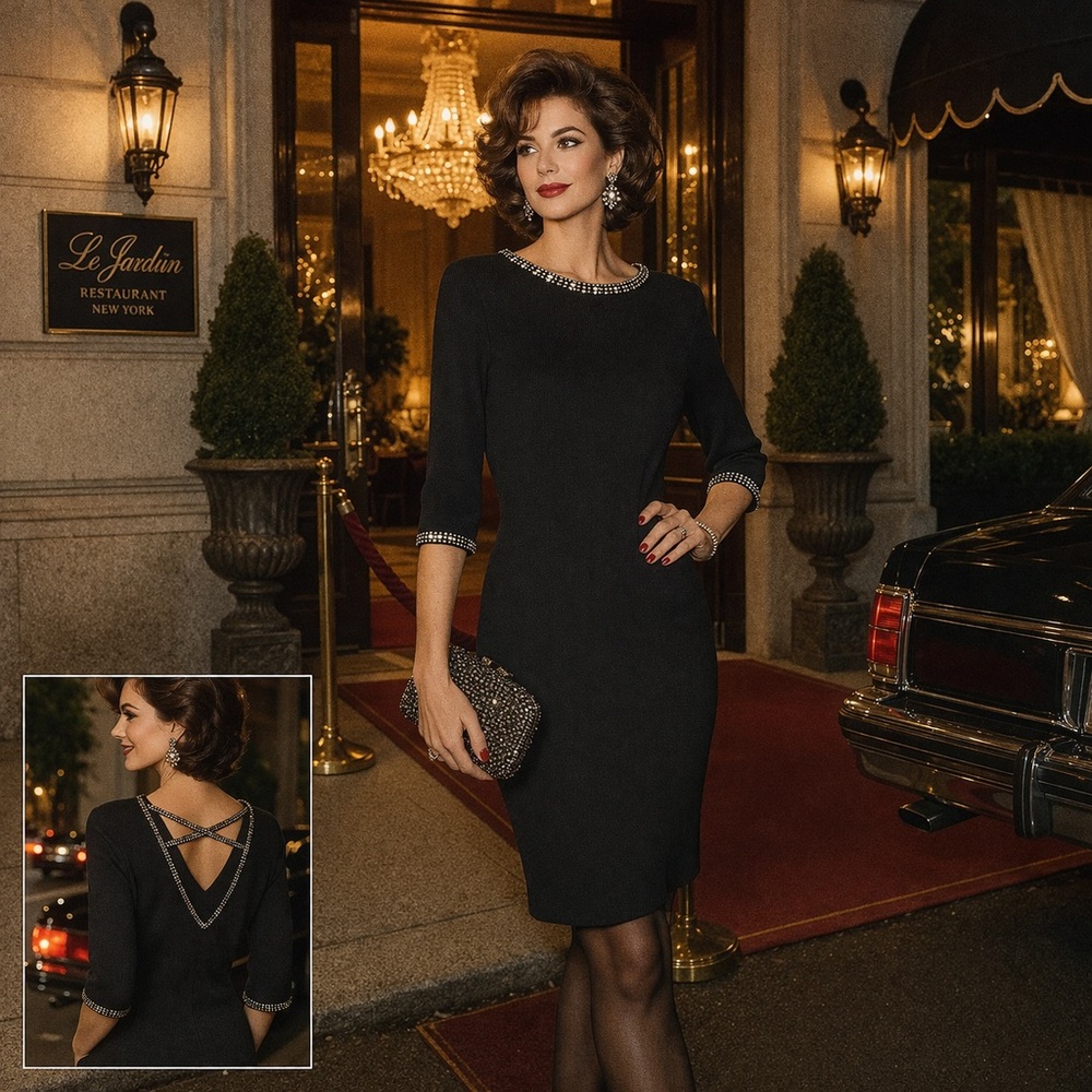 St John Marie Gray Black Knit Dress Embellished Neck Stretch Classic
